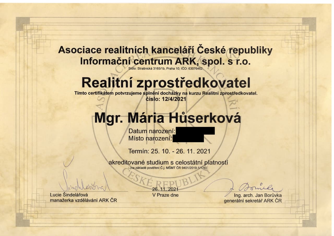 Certifikace Maria Huserkova